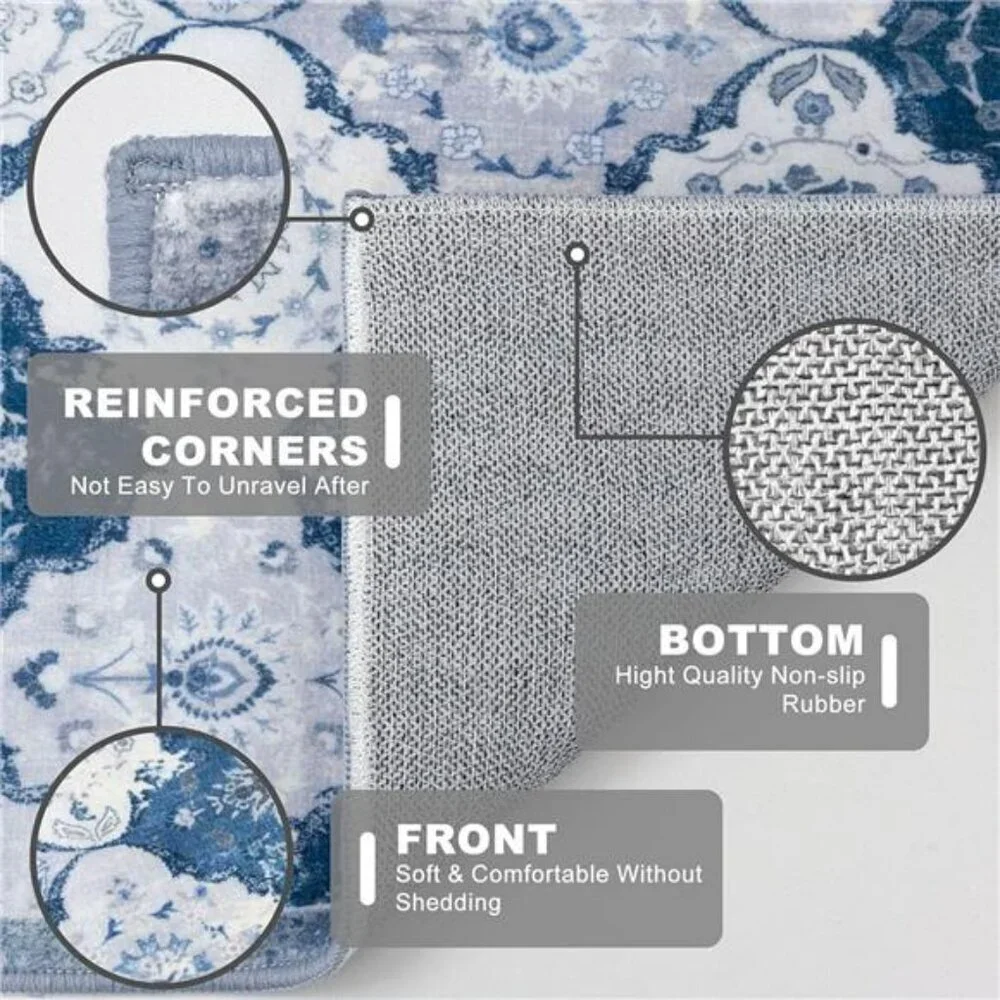 Moroccan Runner Rug 2x6 Washable Non Slip Blue Grey Boho Hallway Kitchen Mat